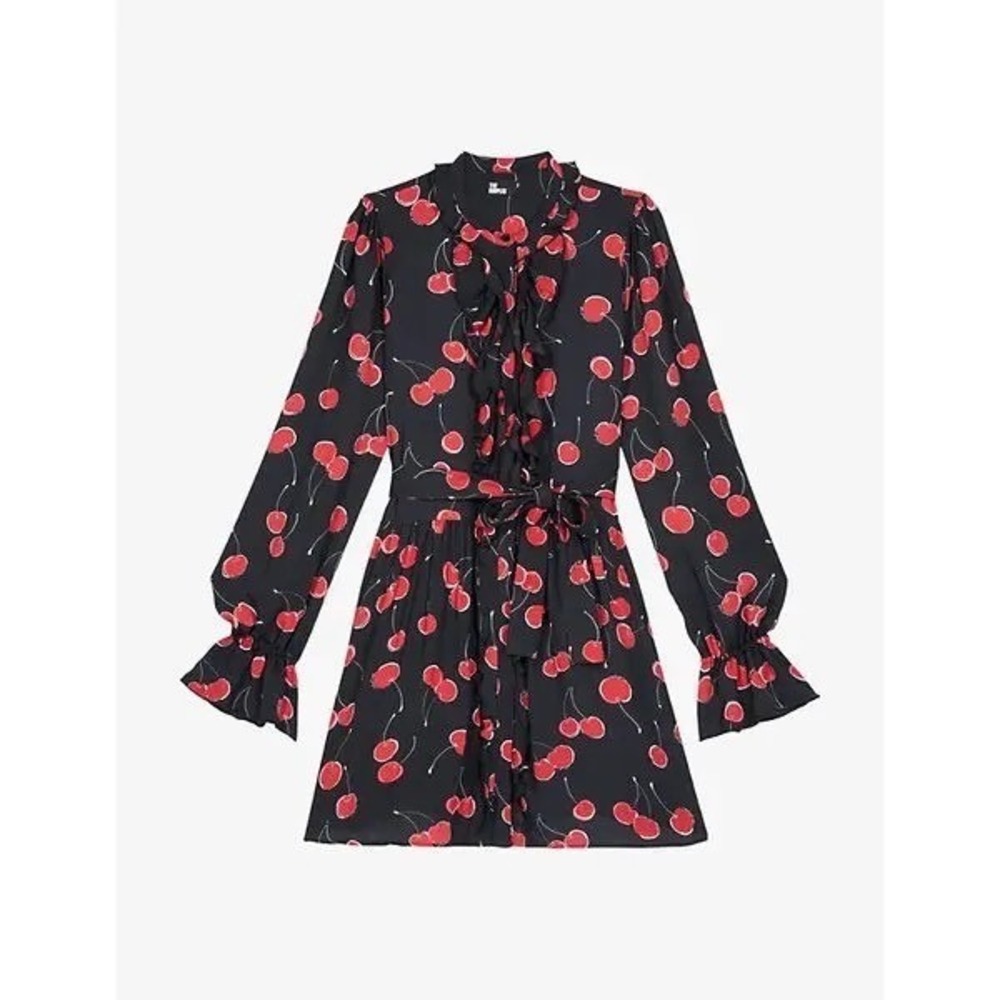 The Kooples NEW Cherry Print Woven Mini Dress Black/Red Size FR 0/US XS MSRP$465
